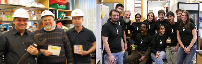 Left: iGEM Founders; Randy Rettberg, Tom Knight and Drew Endy. Right: iGEM team MIT 2004